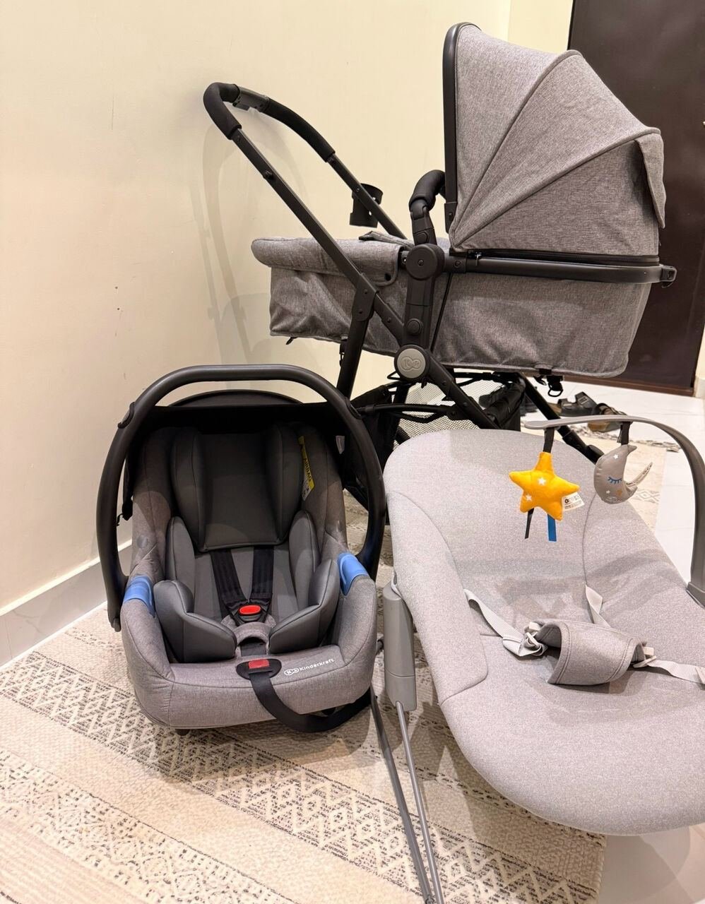 SAR 750, Kinderkraft JULI Stroller + Infant Car Seat + CALMEE Baby Bouncer