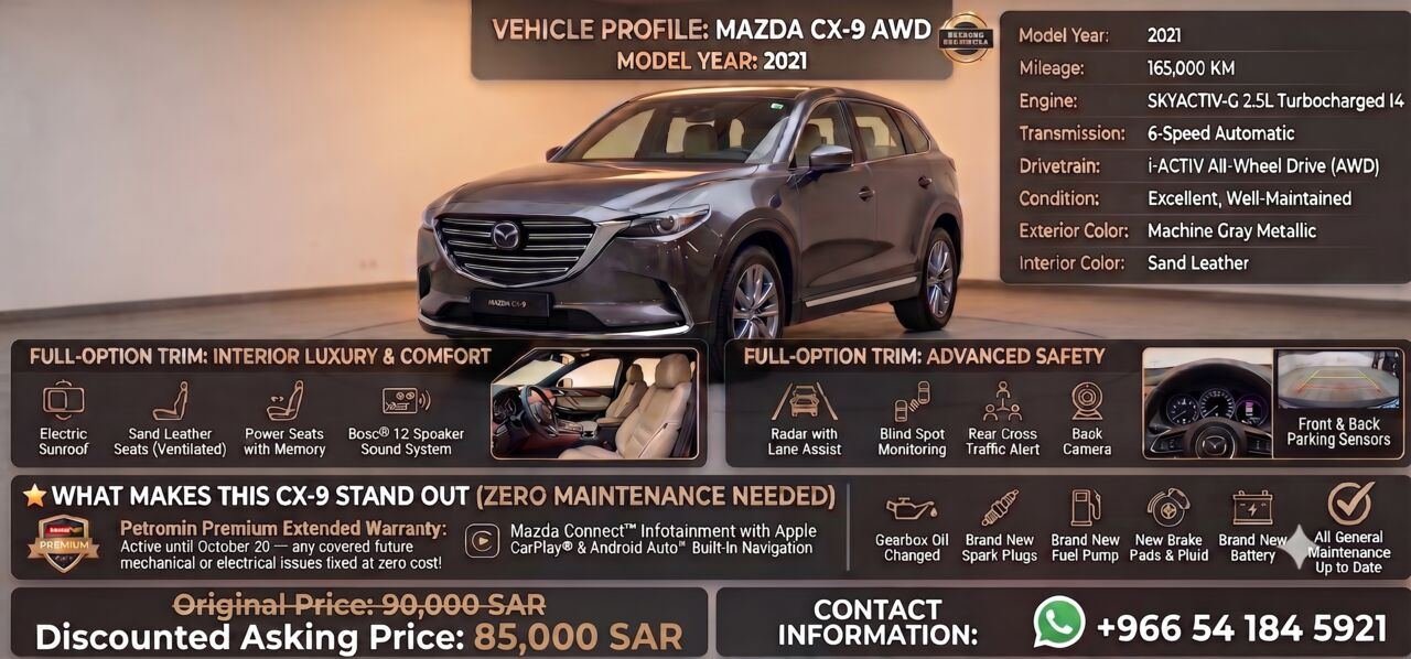SAR 80000, Mazda CX-9, 2021, Automatic, 167000 KM,
