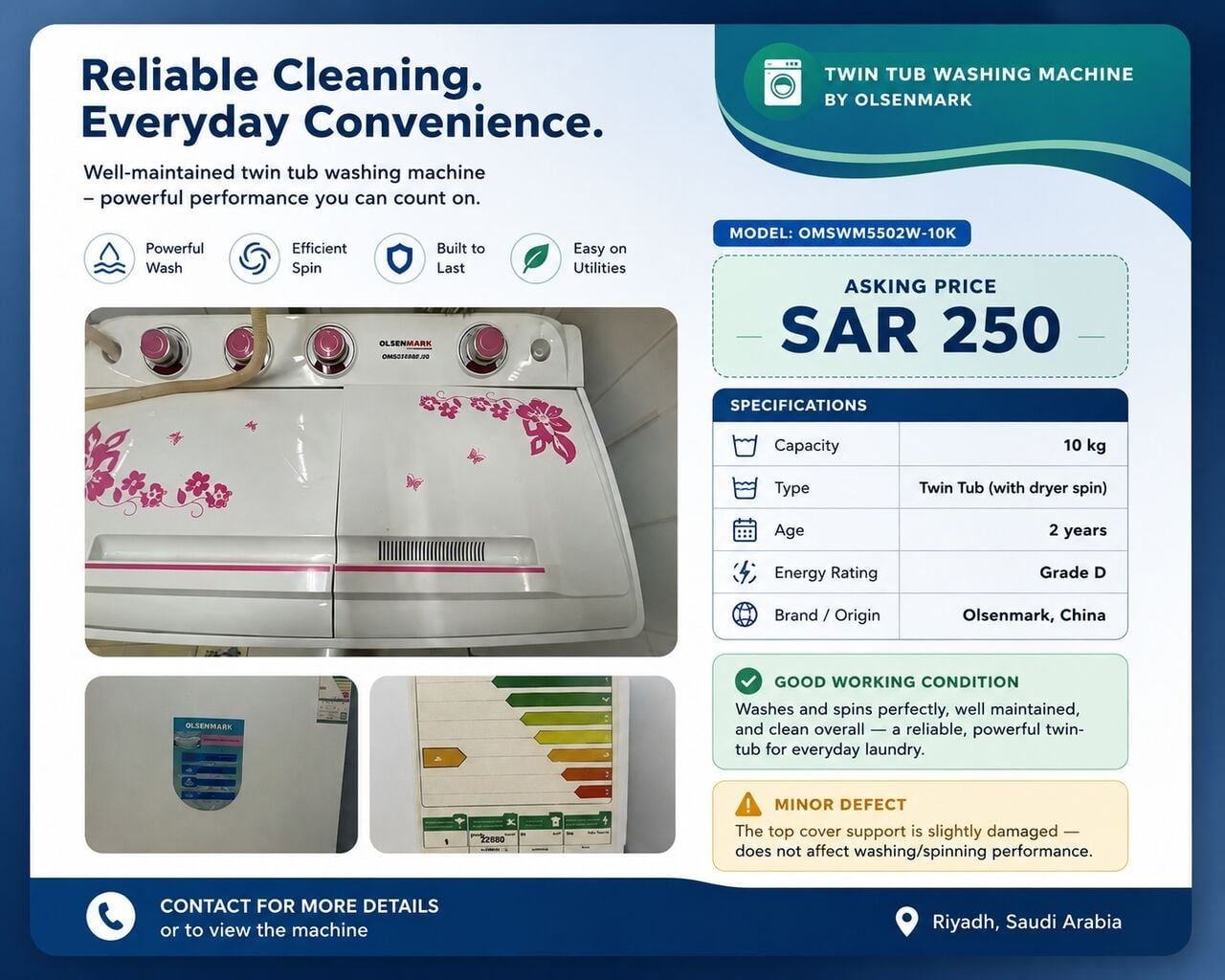 SAR 250, 10 KG Olsenmark Twin Tub Washing Machine – Excellent Working Condition