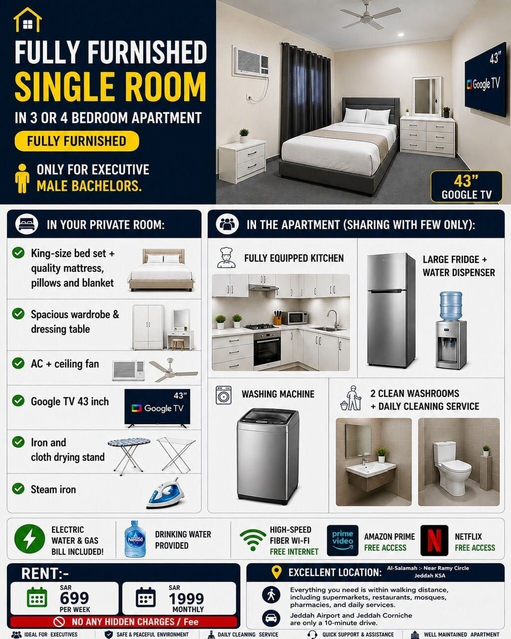 SAR 1999/month, Furnished, ✅ Premium Room ✅ For Male Executive | All Bills Included | Monthly