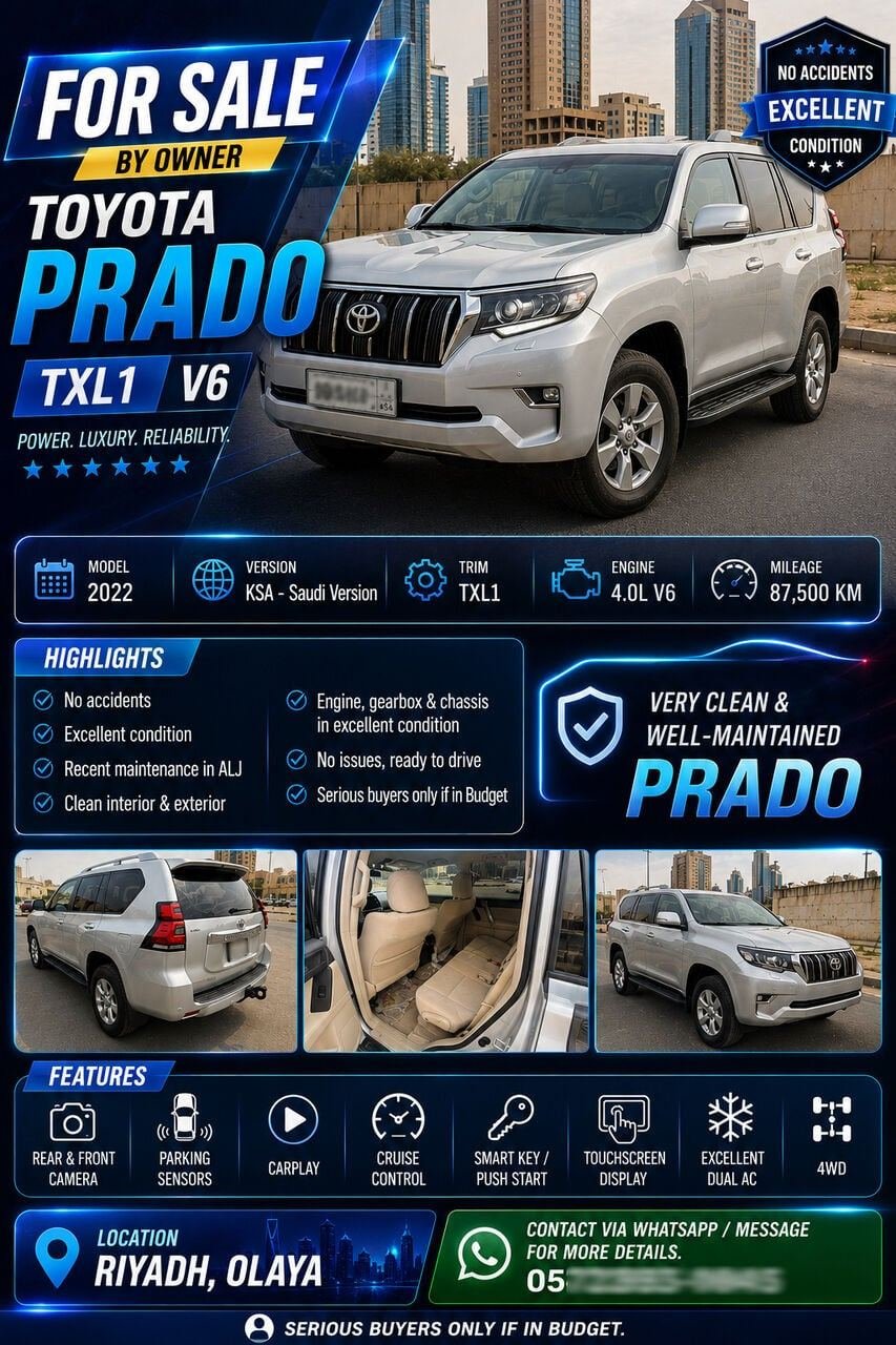 SAR 147000, Toyota Land Cruiser, 2022, Automatic, 88000 KM, PRADO V6 KSA VERSION