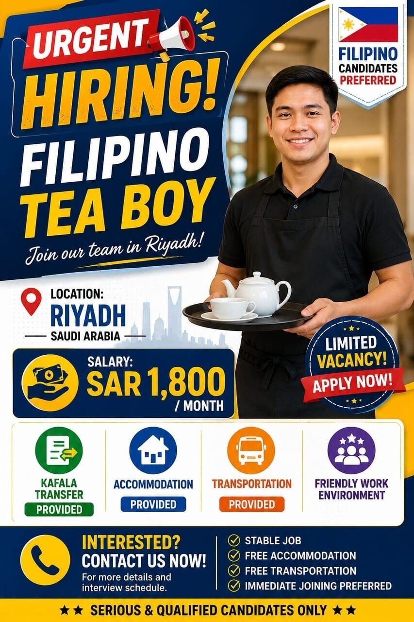 🚨 URGENT HIRING – FILIPINO TEA BOY 🇵🇭☕