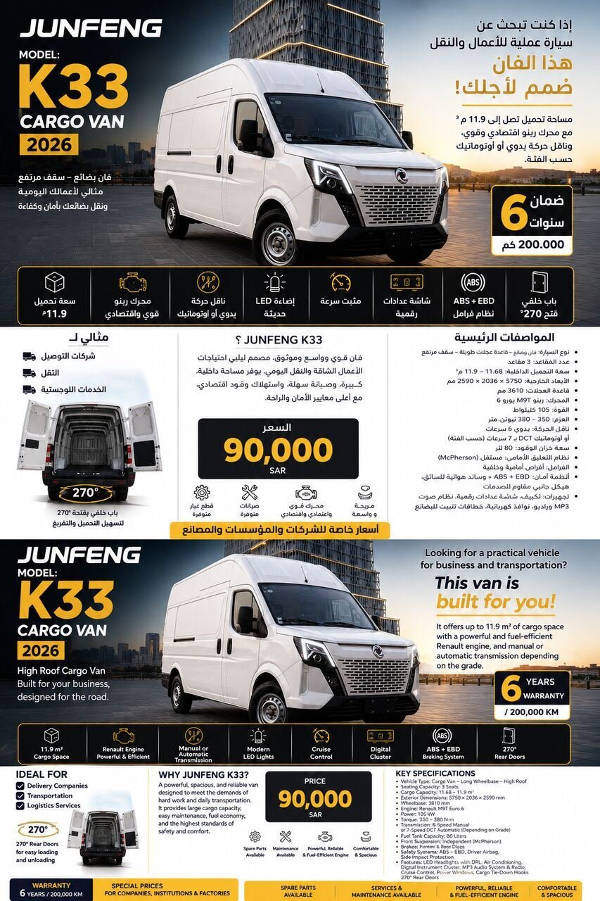 SAR 90000, JUNFENG K33 CARGO VAN, 2026, Automatic, 000 KM, Junfeng Warranty 6 Years
