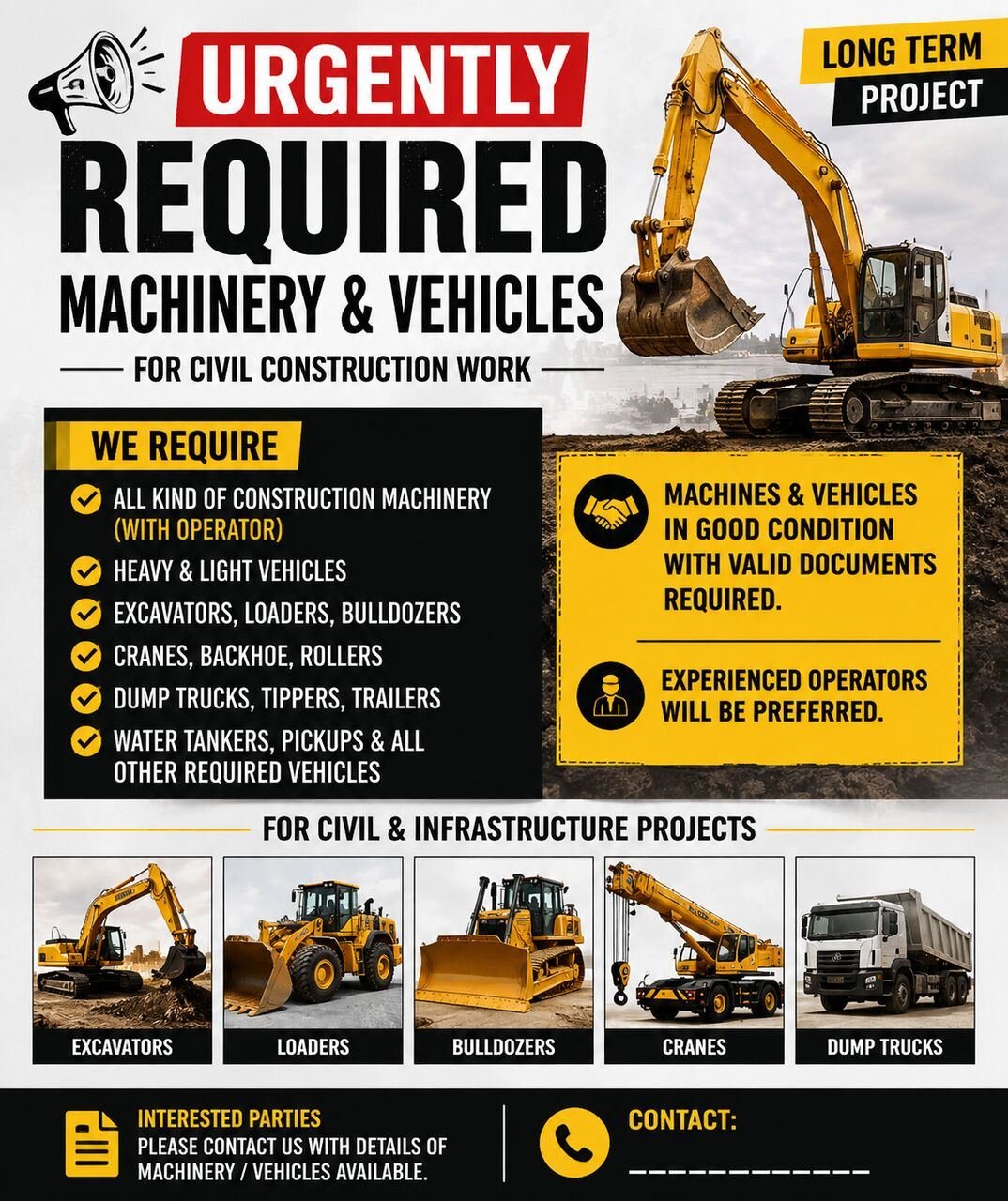 📢 URGENTLY REQUIRED – CIVIL MACHINERY, EQUIPMENT & VEHICLES We Are Urgently Looking For