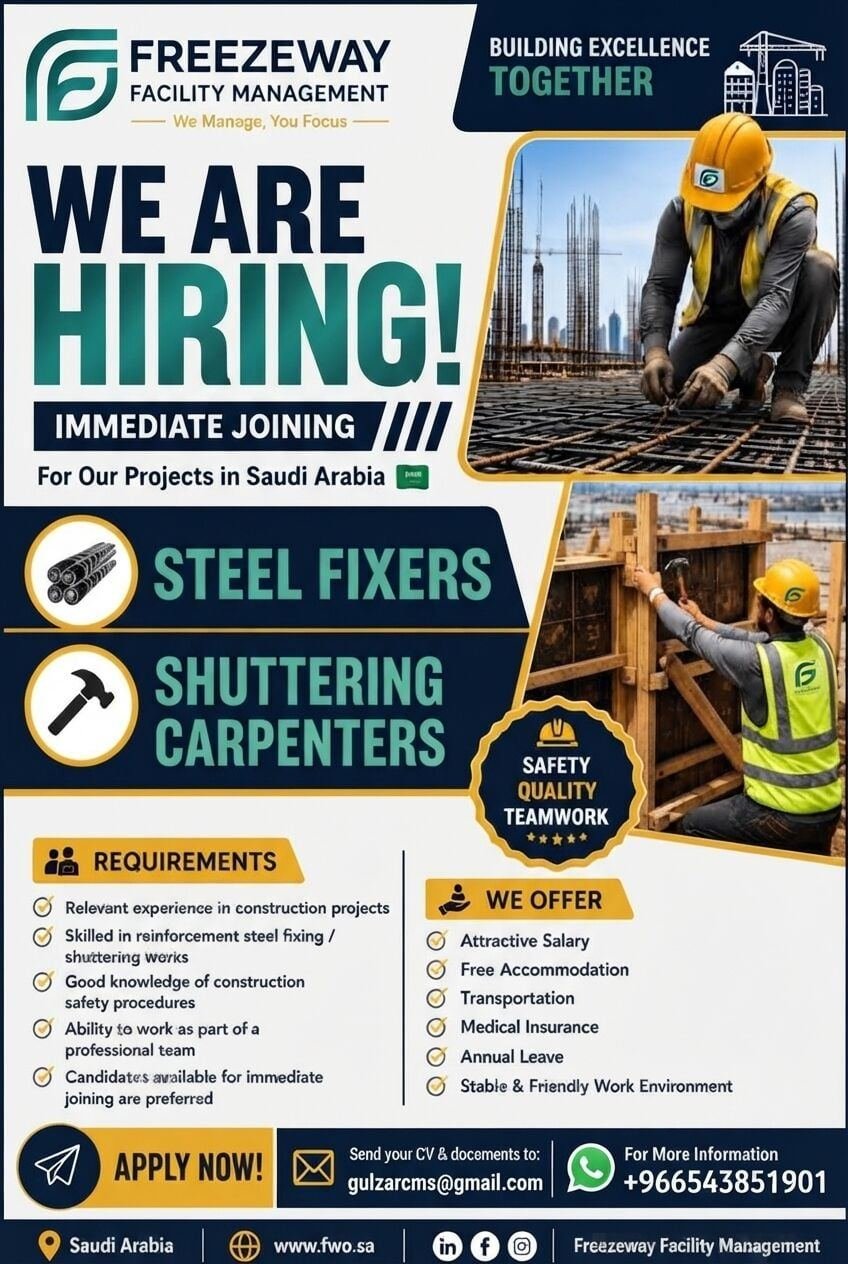 Steel Fixers & Shuttering Carpenters – Saudi Arabia | Immediate Joining