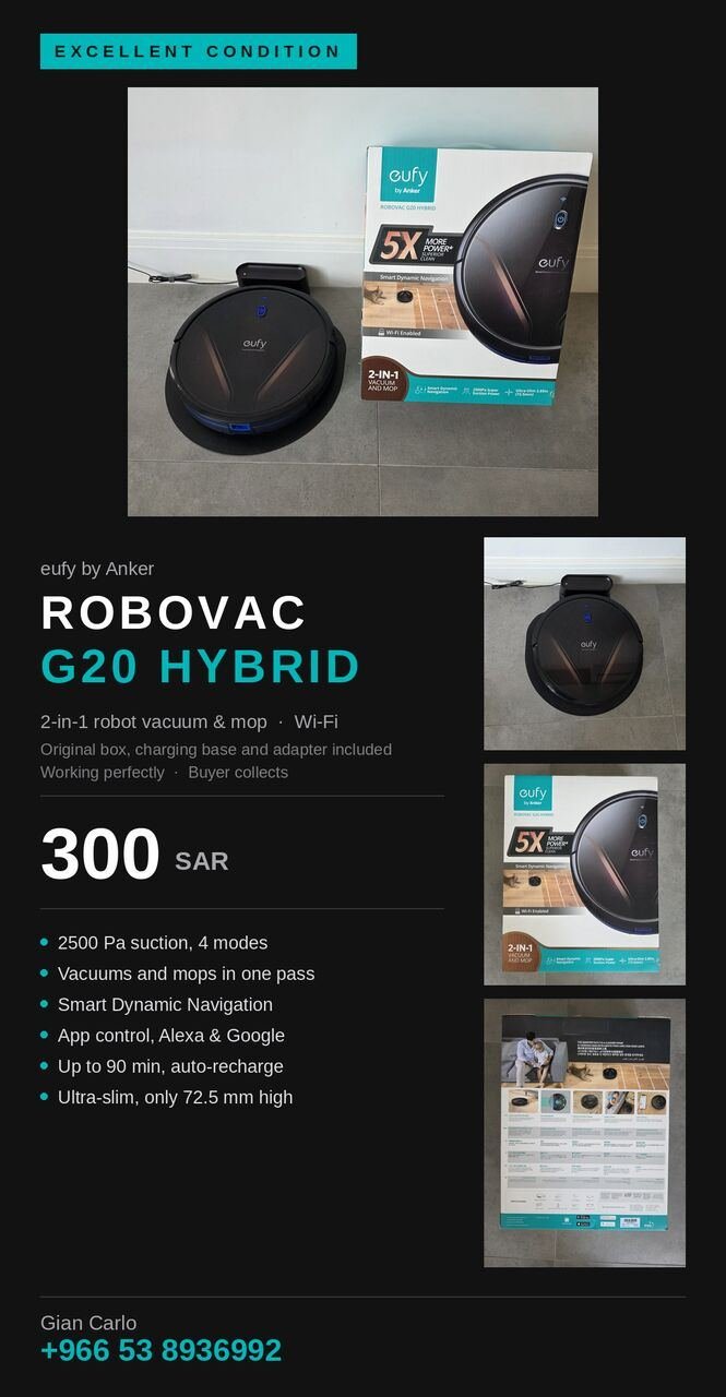 SAR 300, Selling Eufy RoboVac G20 Hybrid — Vacuum & Mop
