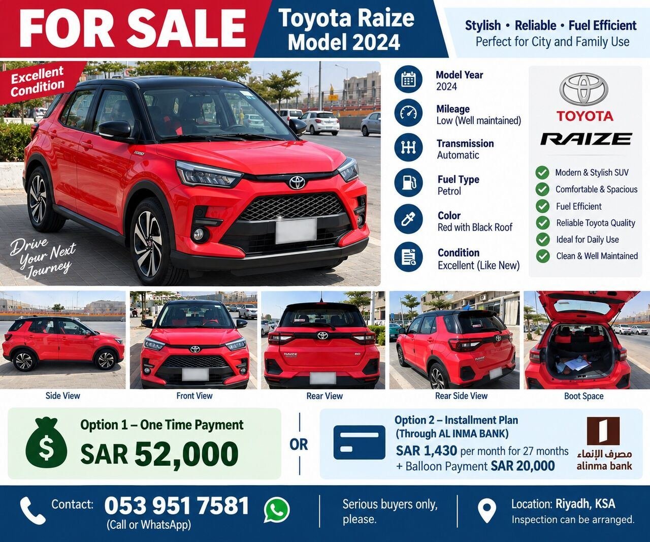 For Free, TOYOTA RAIZE, TURBO LEASE TRANSFER MODEL 2024.