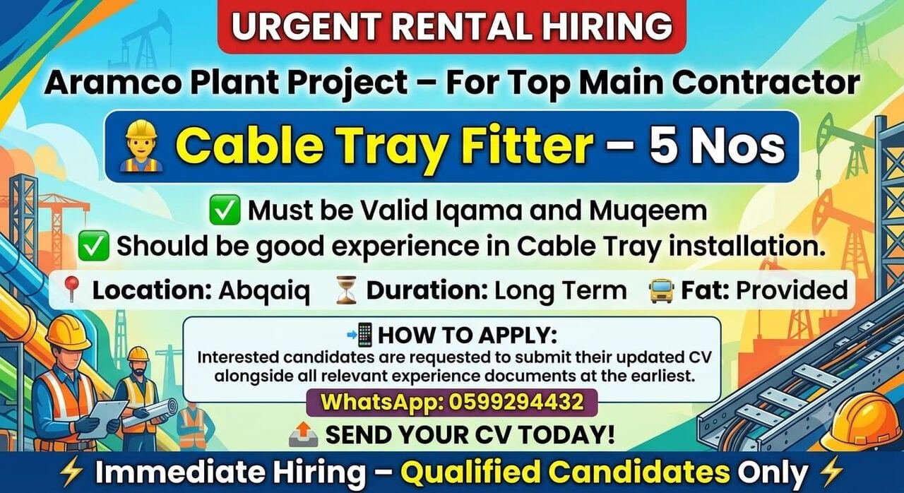 Urgent Rental Hiring Cable Tray Fitter - 5 Nos