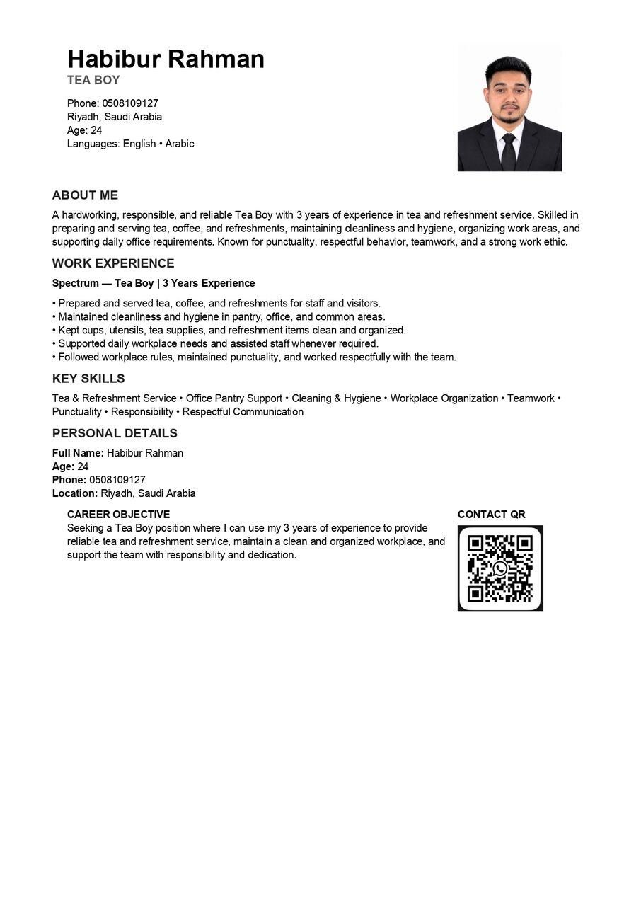 Experienced Tea Boy / Cleaner – 3 Years Experience