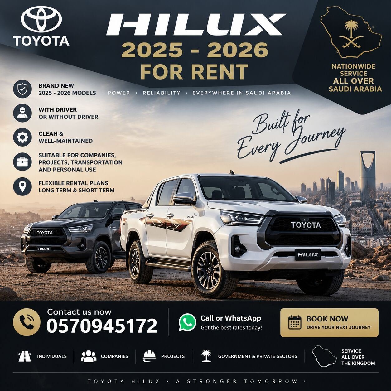 SAR 1, TOYOTA HILUX AVAILABLE FOR RENT 2025 - 2026