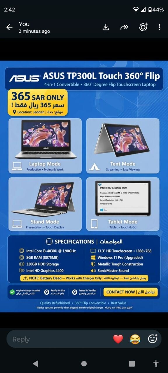 SAR 365, Asus Touch Screen Laptop I3-8gb Ram ( 365 Riyal )