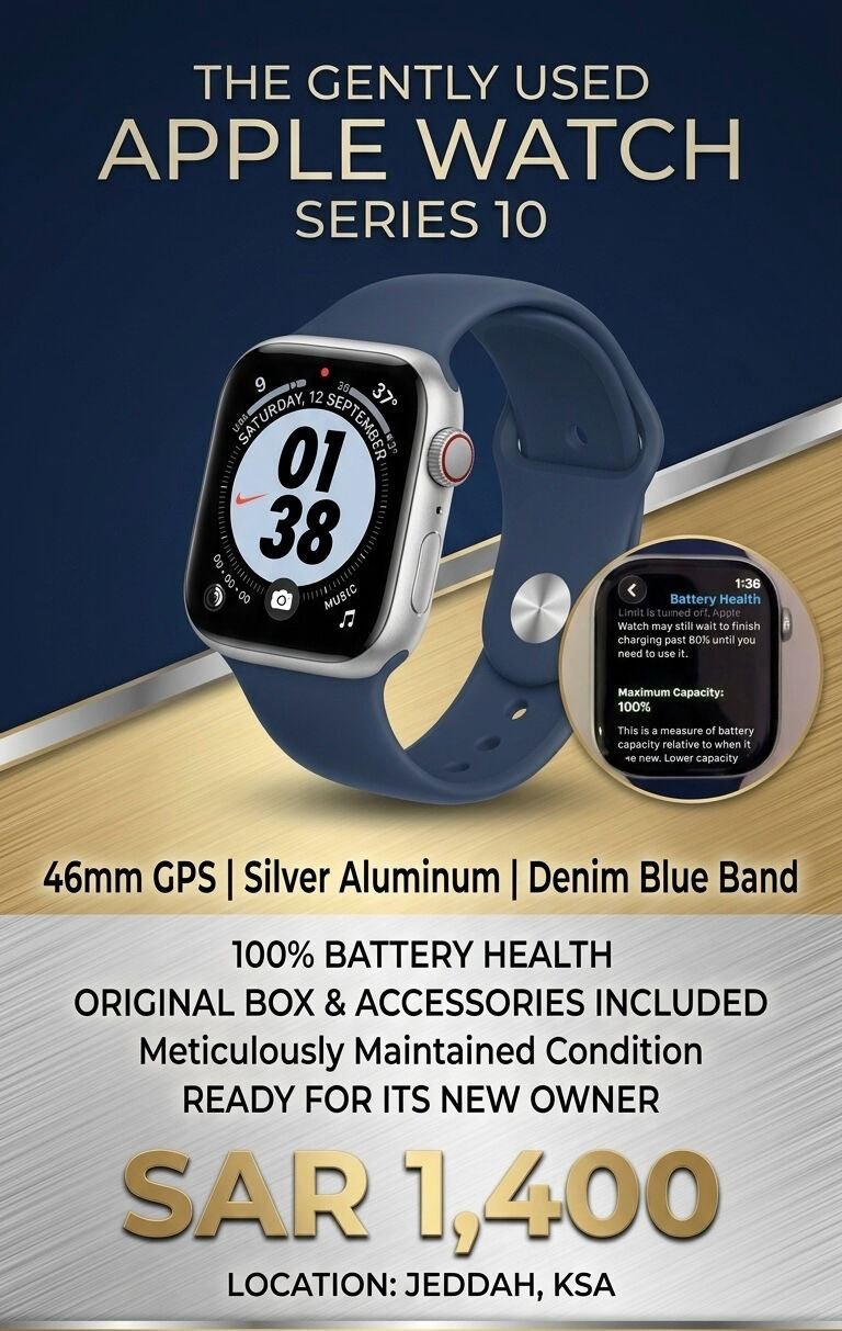 SAR 1400, Apple Watch Series 10 (46mm, GPS) – Silver Aluminum / Denim Sport Band (100% Battery Healt