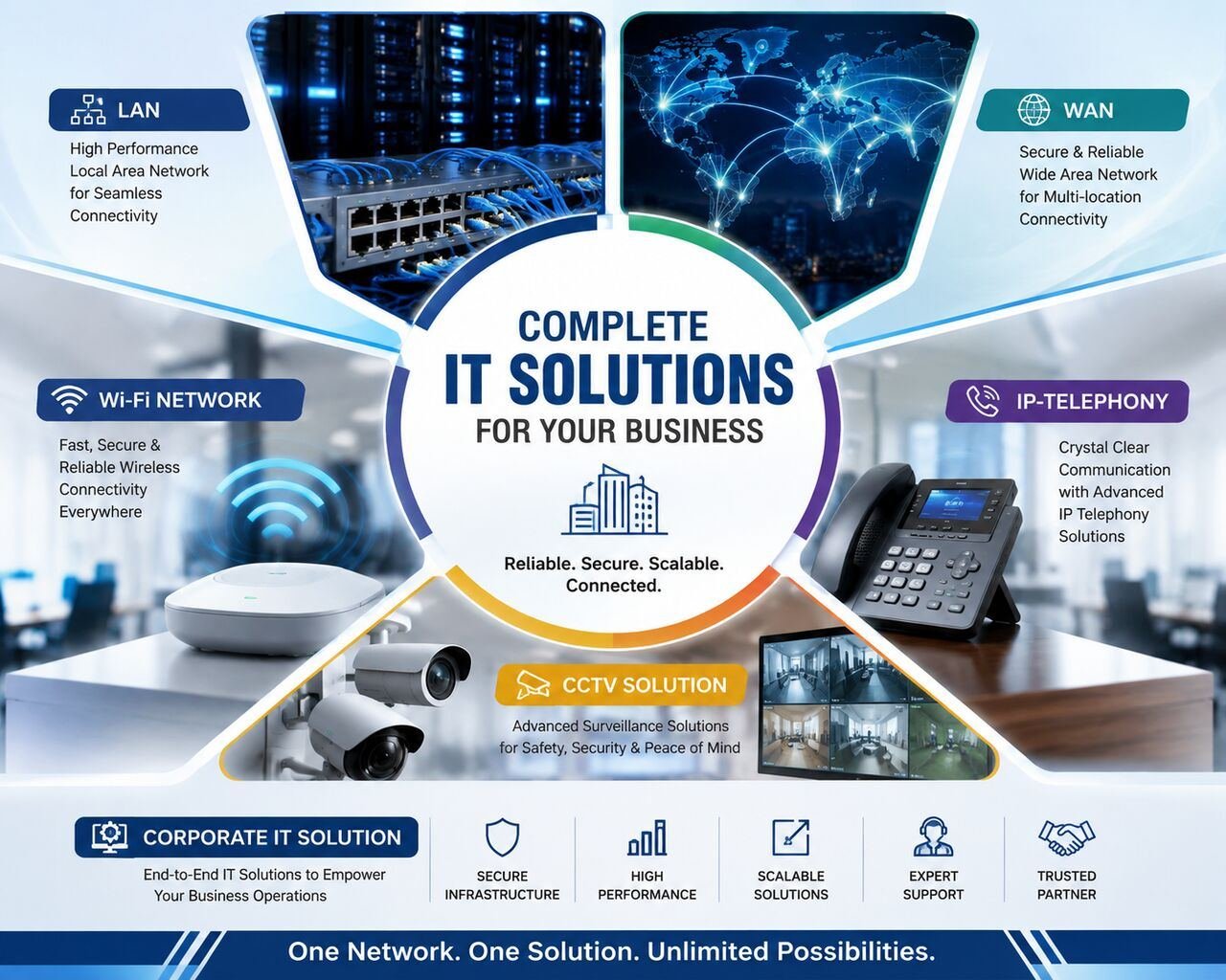 LAN, WAN, Wi-Fi Network, IP-Telephony, CCTV Solution, Corporate IT Solution