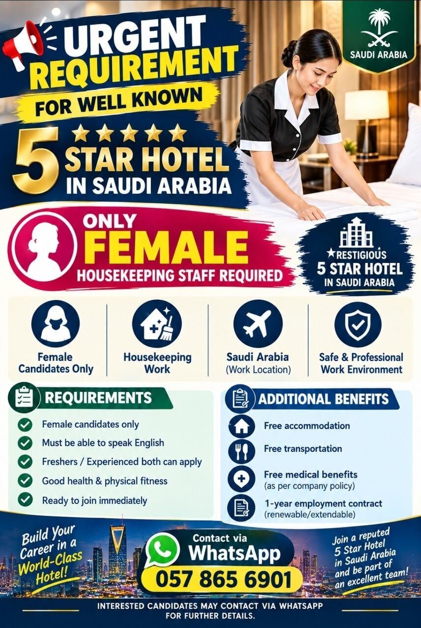Urgent Need Female Housekeeping Worker For Well Known 5star Hotel