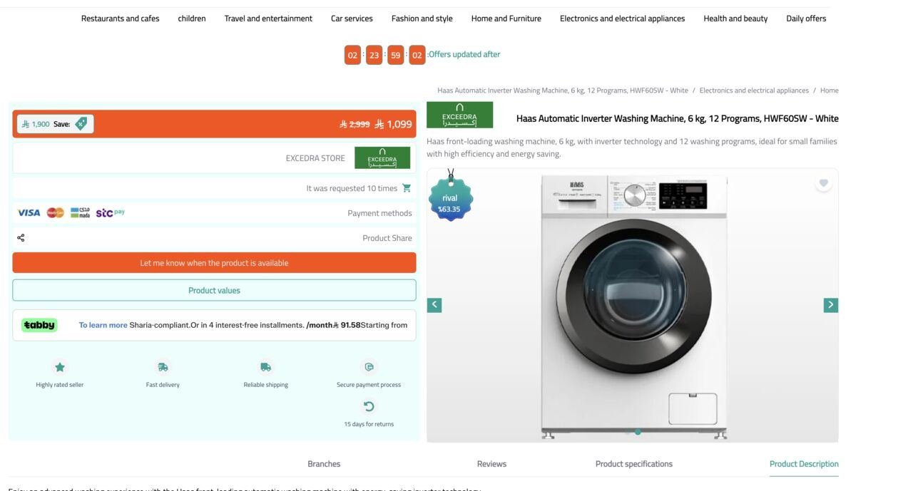 SAR 750, Haas Automatic Inverter Washing Machine, 6 Kg, 12 Programs, HWF60SW - White