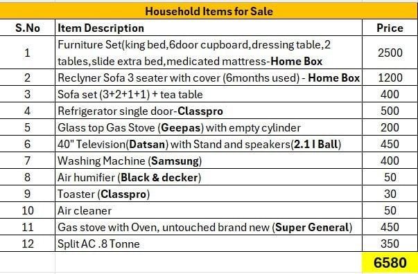 SAR 6230, Used Household Items, Furniture, Fridge, Washing Machine,gas Stove, Tv Etc