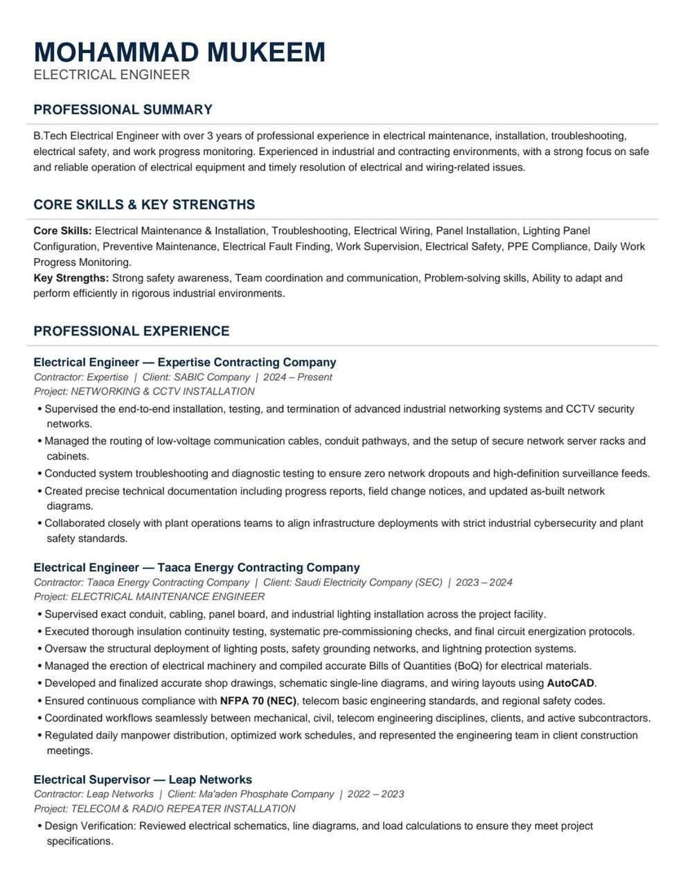 ELECTRICAL ENGINEER, 3 YEARS EXPERIENCE IN ELECTRICAL MAINTENANCE AND TESTING