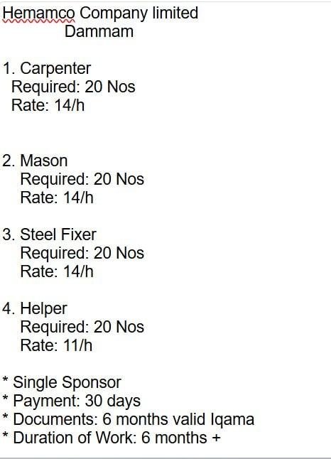 Carpenter, Mason, Steel Fixer And Helper ( Single Sponsor)