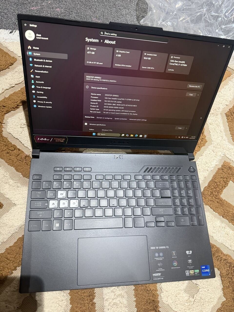 SAR 2700, Asus TUF F15 Core I7 12th Gen 16GB 512 RTX 3050 4GB