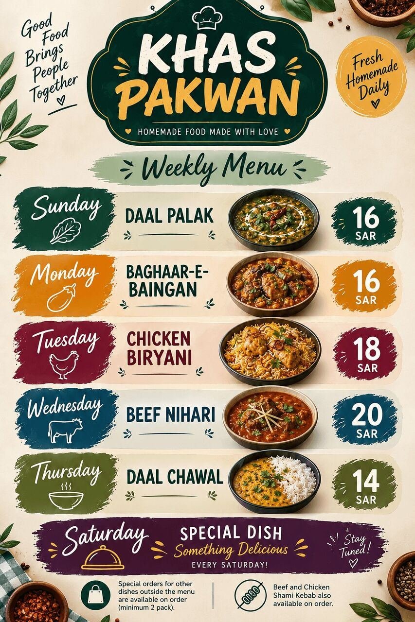 SAR 14, Homemade Food - Weekly Menu - Daily Available