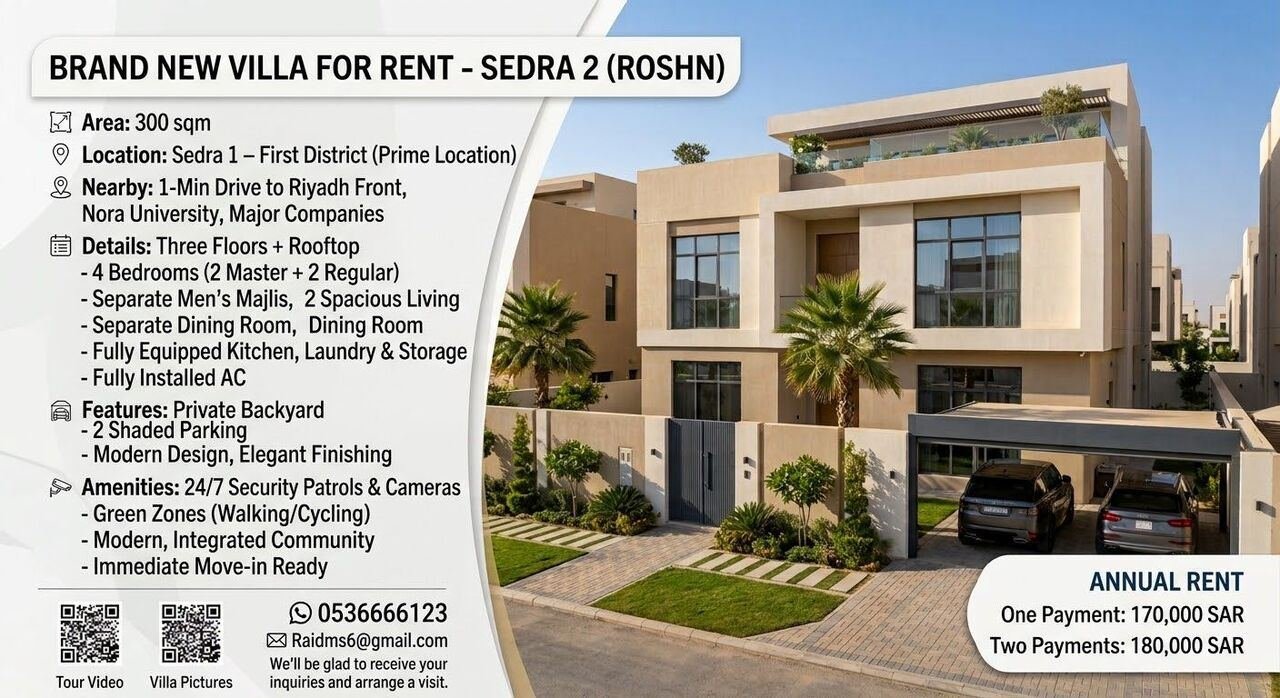 SAR 170000/year, 3 BR, Villa For Rent In ROSHN – Sedra2