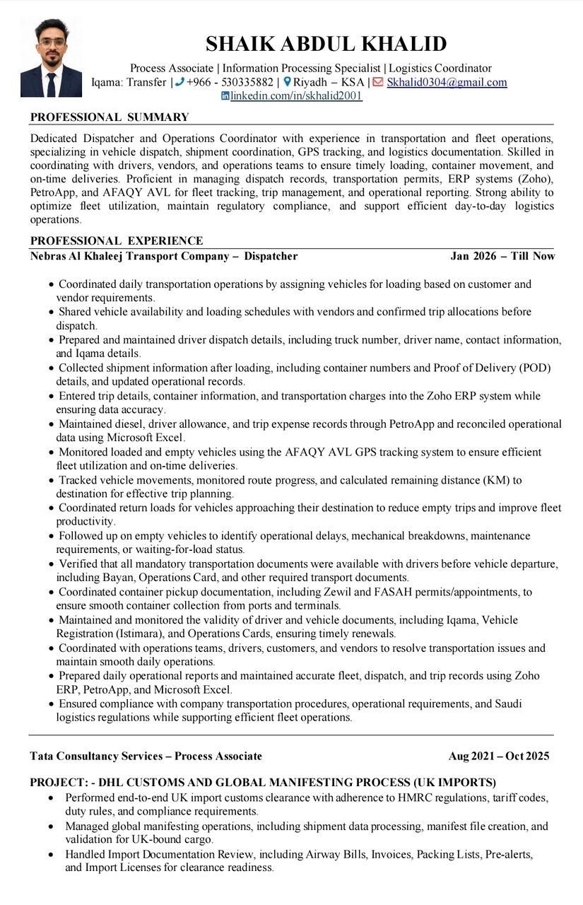Job Seeker --- Logistics Operations Coordinator
