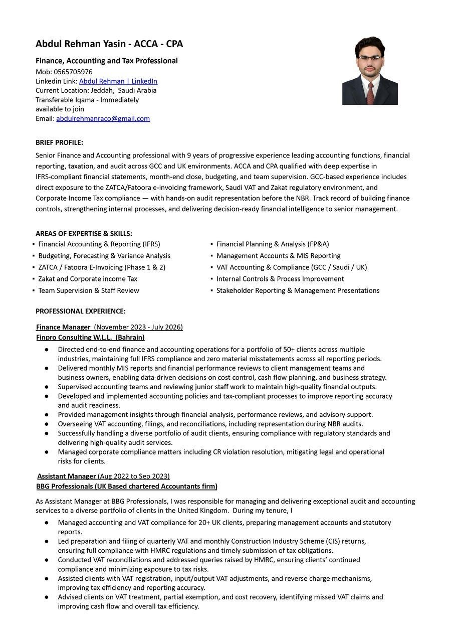 ACCA/CPA Finance Manager - Transferable Iqama - ZATCA/VAT Expert