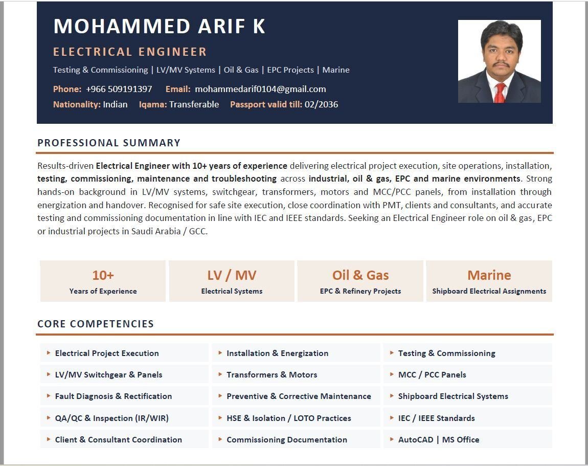 J Electrical Engineer | 10+ Years | Oil & Gas | EPC | Testing & Commissioning|Transferable