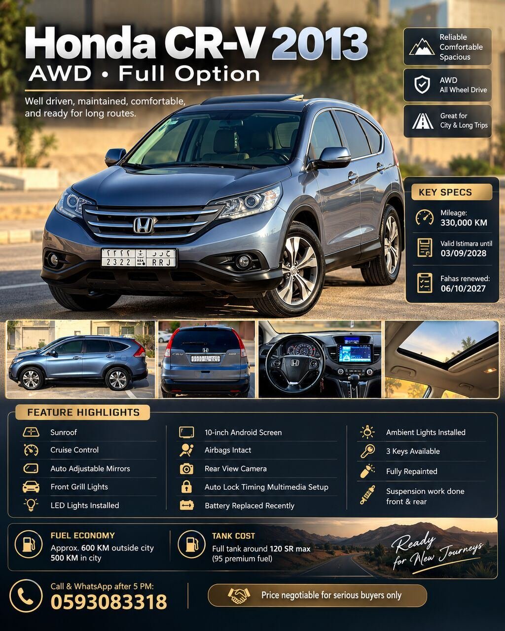 SAR 30000, Honda CR-V, 2013, Automatic, 330000 KM, AWD Full Option For Sale – Metallic Blue-Grey