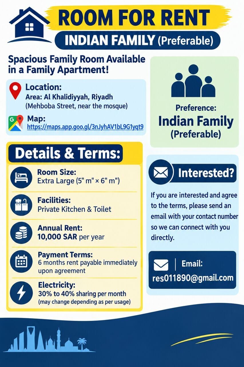 SAR 10000/year, 1 BR, 30 Sq. Meter, One Family Room, Kitchen & Toilet. Indian Family (preferable)