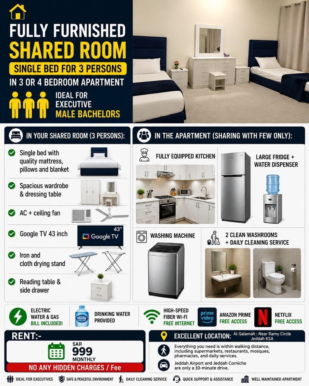 SAR 999/month, Furnished, ✅ Premium Room ✅ For Male Executive | All Bills Included | Monthly