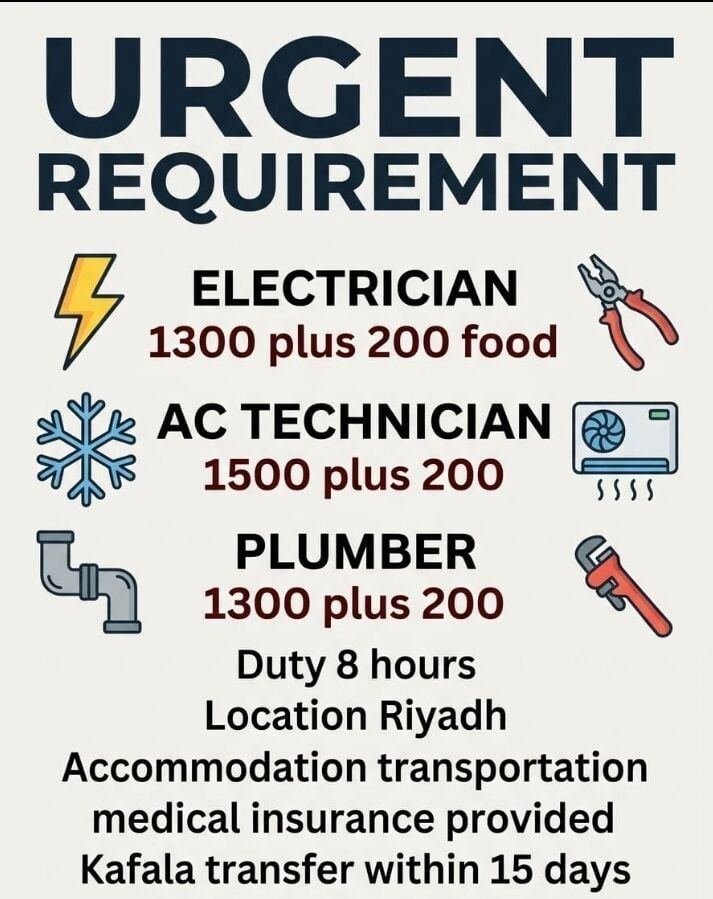 Urgent Requirements For Electrician Plumber Ace Technician