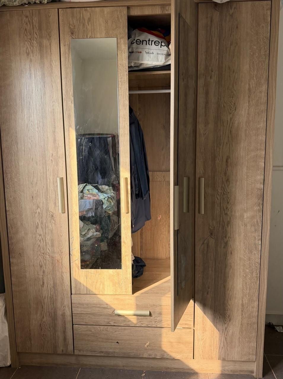 SAR 900, Curvy 4 Door Wardrobe-Brown Colour & Grey Color Queen Size Bed With Mattress