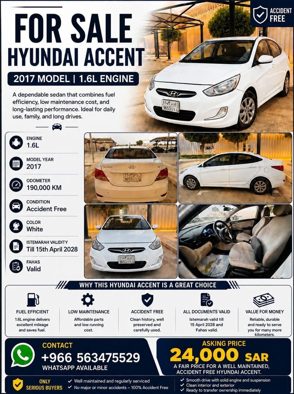 SAR 24000, Hyundai Accent 1.6L, 2017, Automatic, 190000 KM, Accident Free Vehicle